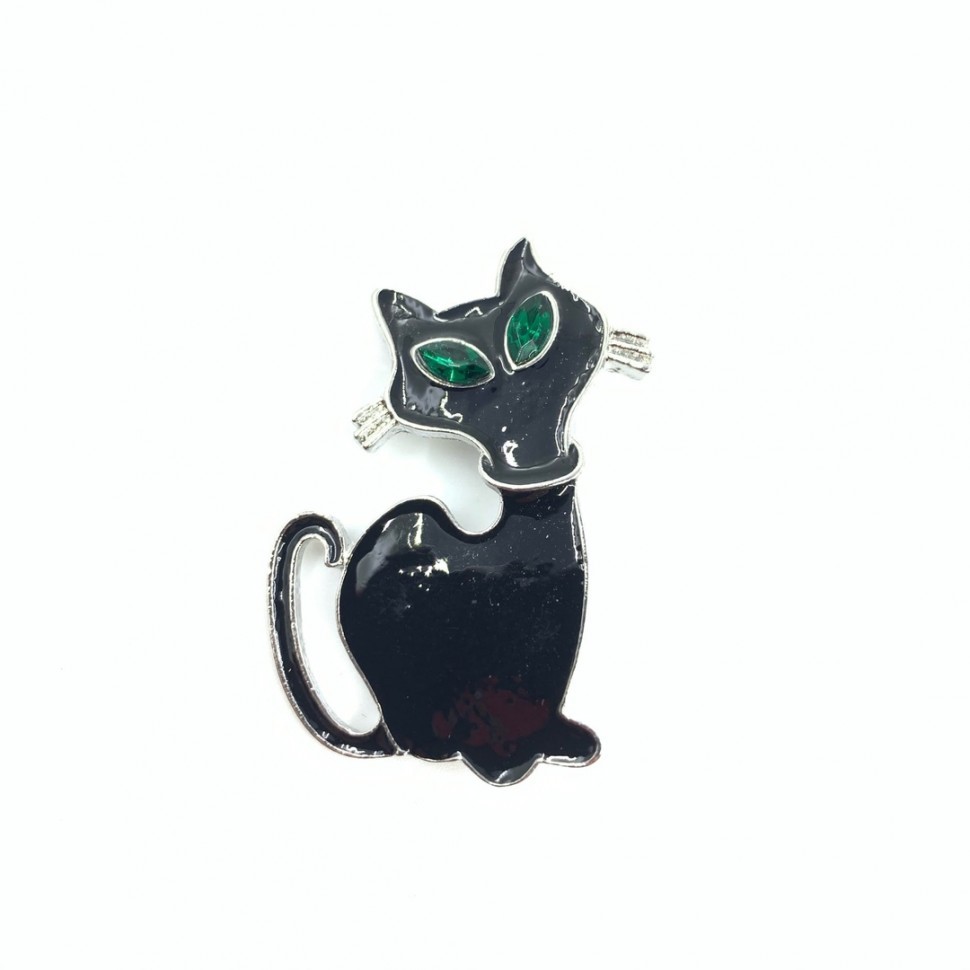 Брошь "Черная кошка с зелеными глазами" серебряная.