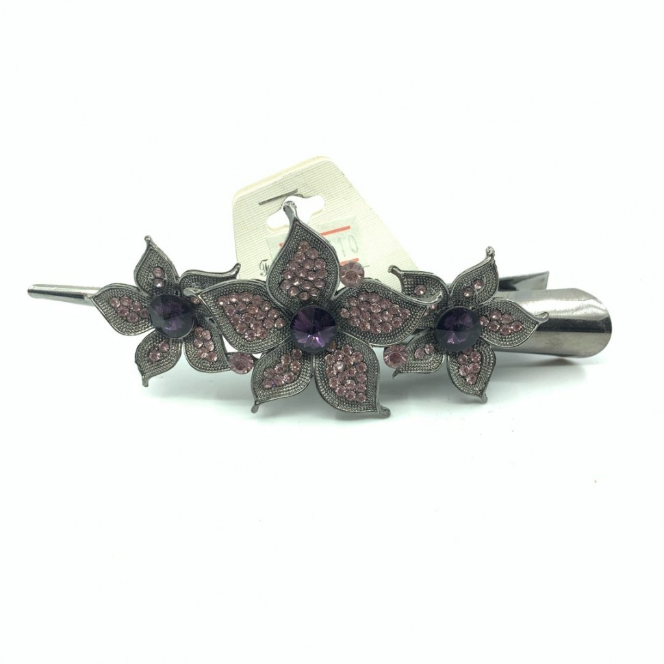 Заколка - Лапка для волос "Три цветка" с фиолетовым камнем, серебристый.