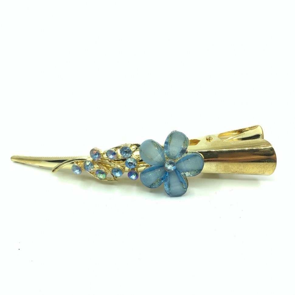 Заколка - Лапка для волос "Цветок" с голубым камнем, золотая.