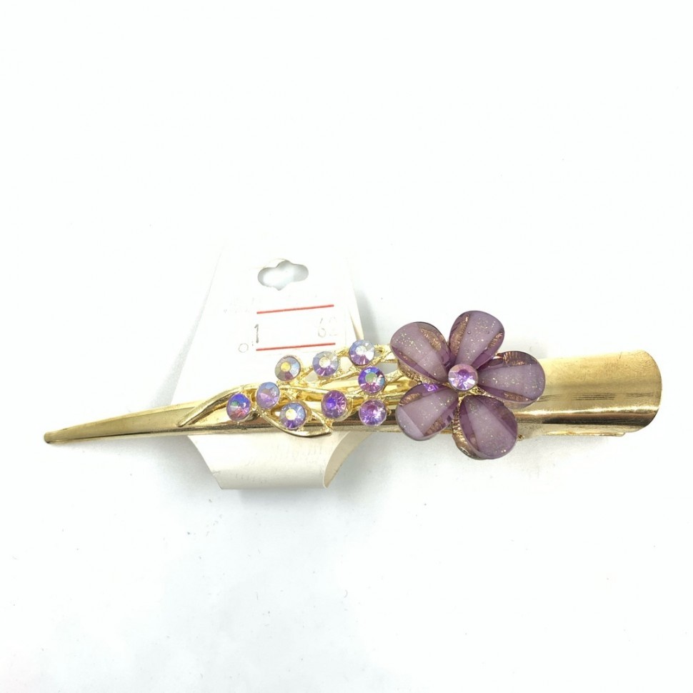 Заколка - Лапка для волос "Цветок" с фиолетовым камнем, золотая.