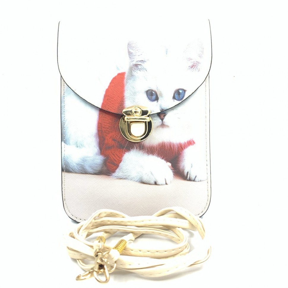 Сумка "Белый кот в красном свитере" бежевая, в комплекте с длинной бежевой ручкой.