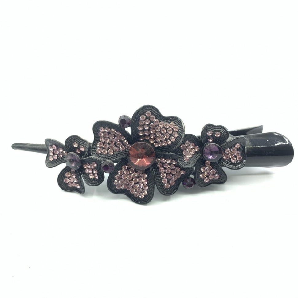 Заколка - Лапка для волос "Три цветка" с фиолетовыми камнями , черная.